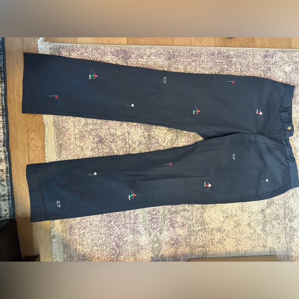 Vineyard vines ski pants. Not for skiing but has skiers on them